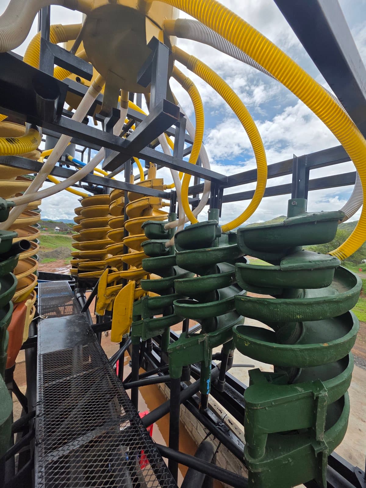 Close-up of the spiral concentrators and slurry distributor pipework on the fabricated platform